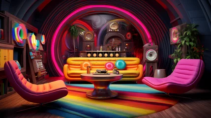 Poster record lounge with retro furnishings and psychedelic decor © ginstudio
