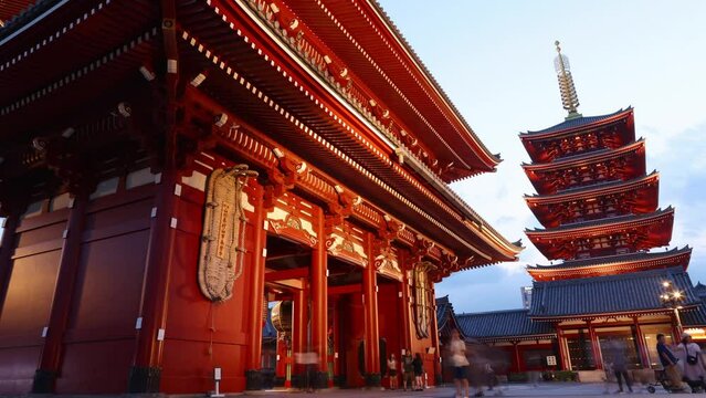 Time lapse of Asakusa temple in the evening, Tokyo, Japan, famous tourist attraction in Japan, Senso-ji temple in Tokyo, Japanese culture, Buddhism in Japan