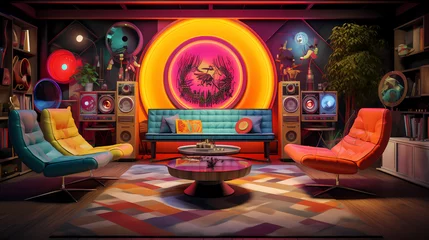 Foto op Plexiglas record lounge with retro furnishings and psychedelic decor © ginstudio