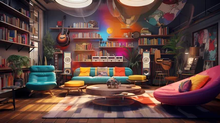 Fototapeten record lounge with retro furnishings and psychedelic decor © ginstudio