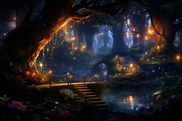 Enchanted Forest Aglow, A Whimsical Woodland Bathed in Brilliant Illumination