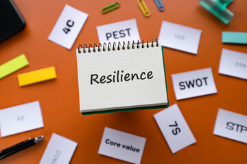 There is notebook with the word Resilience. It is as an eye-catching image.