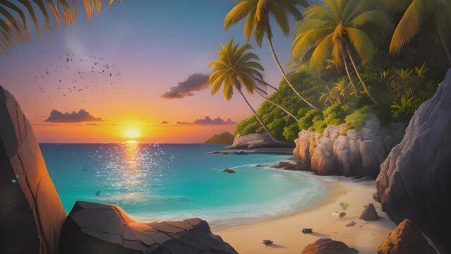 sunset or sunrise on the beach. Cartoon or anime illustration style. seamless looping 4K time-lapse virtual video animation background.
