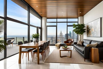 Obraz premium Large and open living room den sun room with windows on two sides and lots of natural light flowing in. There is a window seat on one side and a leather couch and plant on the other.