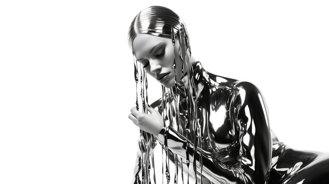 abstract concept of a fashion model dripping with liquid silver metal isolated on a transparent background, generative AI