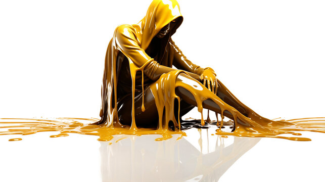 abstract concept of a fashion model dripping with liquid gold metal isolated on a transparent background, generative AI