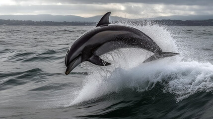 A spotted dolphin family leaping out of the clear sea
