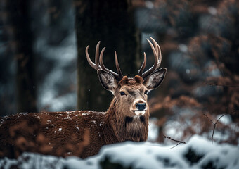 Noble deer male in winter snow forest. Wild red deer in nature at sunset Mountain landscape wildlife