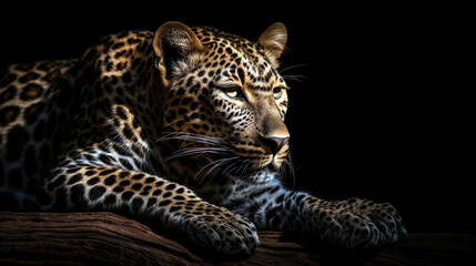 A leopard (Panthera pardus) rest in a tree with black background. Leopard lay down to rest and relax
