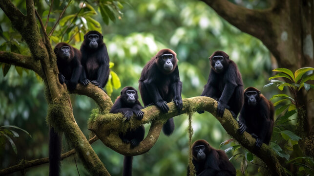 A group of monkeys family living on trees in the natural forest and looking. beautiful monkey