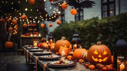 Obraz premium Halloween dinner table background set in a bustling outdoor courtyard. The table is covered with a vibrant orange tablecloth