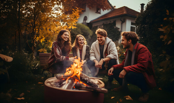 groupe d'amis en train de discuter dans un jardin autour d'un bras&eacute;ro