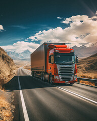 Truck driving down a highway at sunny day - obrazy, fototapety, plakaty