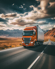 Truck driving down a highway at sunny day