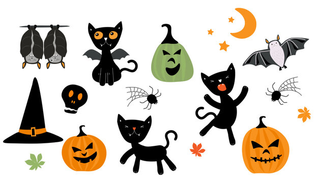 A set of elements for the holiday of Halloween. Black cats, pumpkins, bats, web spiders, witch hat. Vector graphics.