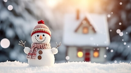 Snowman on the snow background. 