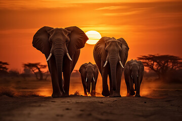Fototapeta na wymiar silhouette of elephants group walking in the savana africa in sunset with giant round sun, hyper realistic, dramatic light and shadows.