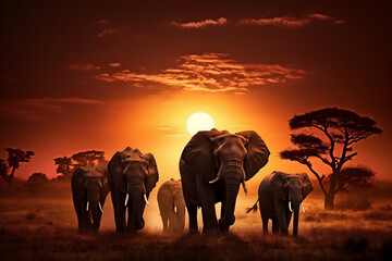 Fototapeta na wymiar silhouette of elephants group walking in the savana africa in sunset with giant round sun, hyper realistic, dramatic light and shadows.