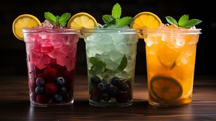 delicious iced fruit drinks in various flavours on a wooden background..