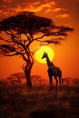 Fototapeta na wymiar a group of giraffes walk in line and make a row in the savana africa in sunset with giant sun, super tele lense photograph, side angle, hyper realistic, dramatic light and shadows.