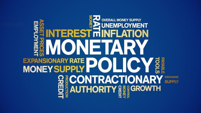 Monetary Policy animated tag word cloud;text design animation kinetic typography seamless loop.