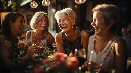 older women laughing and sipping wine together in a restaurant.