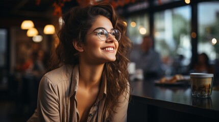 Businesswoman grinning as she smells coffee in a cafe.
