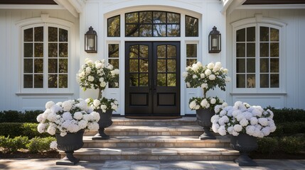 Fototapeta na wymiar a white entrance door with flower pots and little square ornamental windows,.