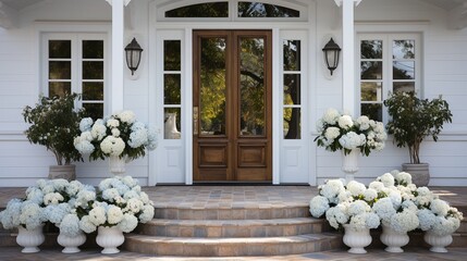 a white entrance door with flower pots and little square ornamental windows,.