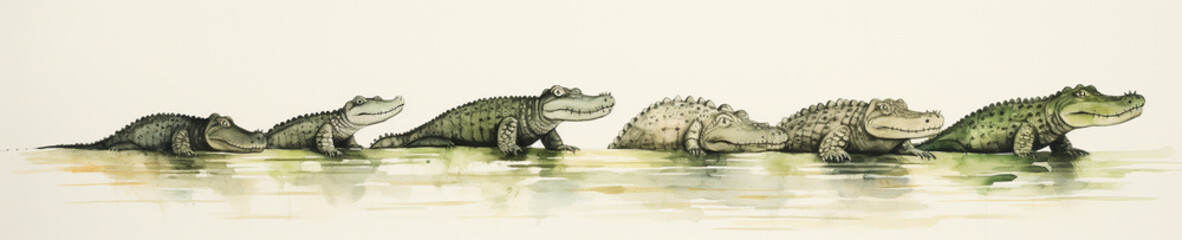 A Minimal Watercolor Banner of a Row of Alligators on a White Background