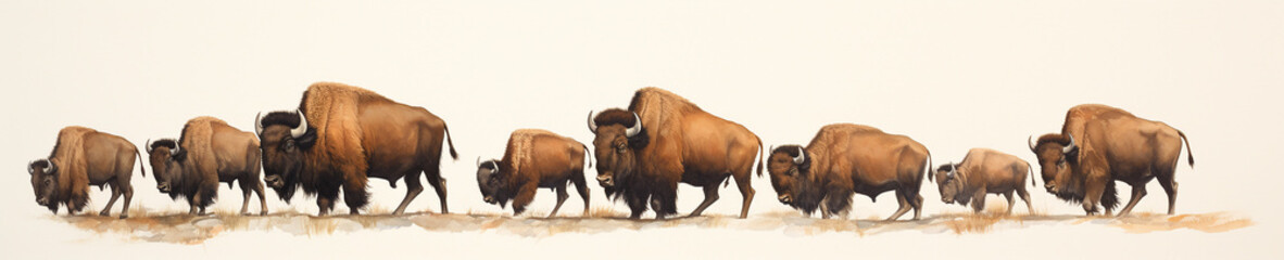 A Minimal Watercolor Banner of a Row of Bison on a White Background - obrazy, fototapety, plakaty