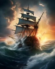 Naklejka premium high sea with giant dramatic wave in the storm, a huge pirate sailing ship sailed above it, hyper realistic, dramatic light and shadows, sunset behind the storm clouds, create using generative AI tool