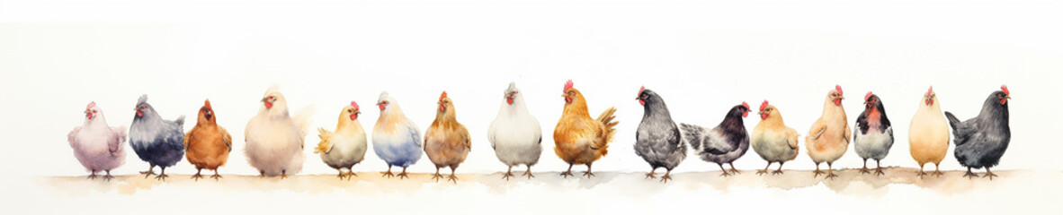 A Minimal Watercolor Banner of a Row of Chickens on a White Background