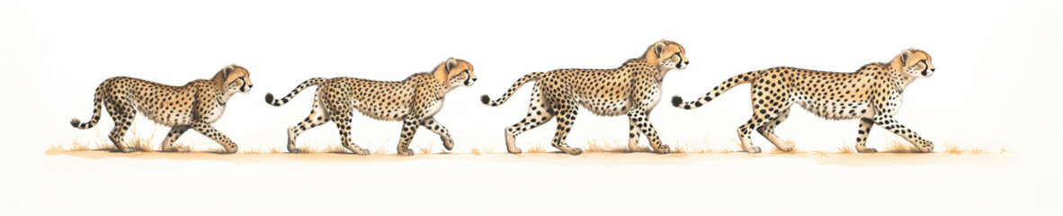 A Minimal Watercolor Banner of a Row of Cheetahs on a White Background