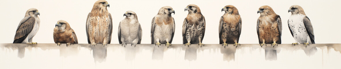 A Minimal Watercolor Banner of a Row of Hawks on a White Background