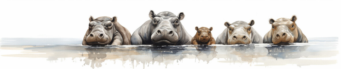 Naklejka premium A Minimal Watercolor Banner of a Row of Hippos on a White Background