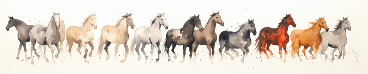 Obraz na płótnie Canvas A Minimal Watercolor Banner of a Row of Horses on a White Background