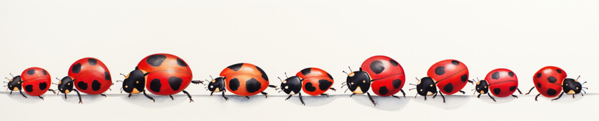 A Minimal Watercolor Banner of a Row of Ladybugs on a White Background