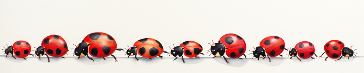 Fototapeta premium A Minimal Watercolor Banner of a Row of Ladybugs on a White Background