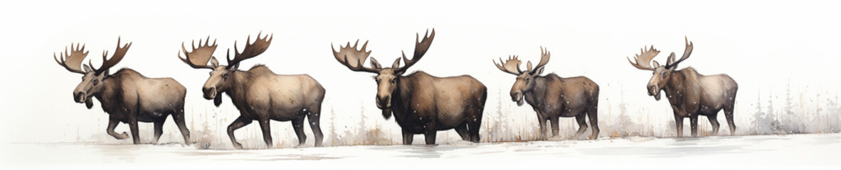 A Minimal Watercolor Banner of a Row of Moose on a White Background