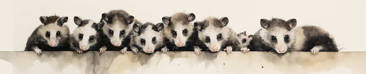A Minimal Watercolor Banner of a Row of Opossums on a White Background