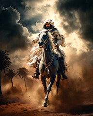 Naklejka premium an Arabian warrior with sword raised up on flying jump horse in the Arabian desert at sunset, side angle, scattering flying huge dust, hyper realistic, dramatic light and shadows.