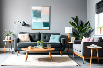 Dark grey armchair with wooden coffee table and painting near pastel blue wall