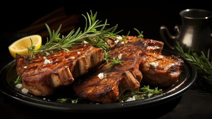 Front view of Grilled lamb chops with barbeque sauce on a plate with black and blurry background