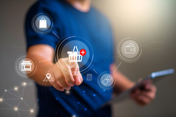 Online shopping,  Man using tablet with shopping cart icon for online shopping concept, e-business, ecomerce, shopping on internet, service on the online web.