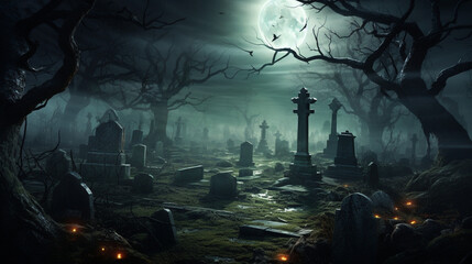 A spooky graveyard scene with gnarled trees, gravestones covered in moss, and a full moon casting an eerie glow. Fog rolls in, adding an air of mystery