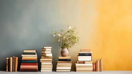 Front view of stock of books on minimalistic background or stock of books for world book day background