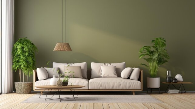 Front view of Modern living room interior with sofa and green leaf ornament and minimalist design