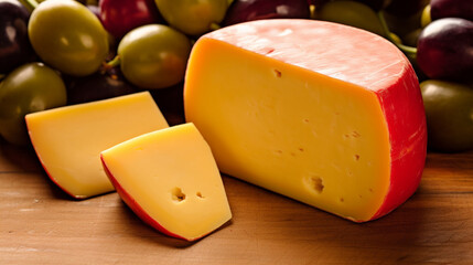 Gouda cheese: a golden wheel of delight. Its smooth, pale interior boasts a subtly sweet taste, contrasting the caramel-hued rind for a satisfying bite.