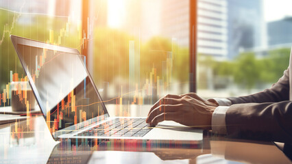 businessman working with laptop computer and bar chart and financial graph double exposure background. business success concept